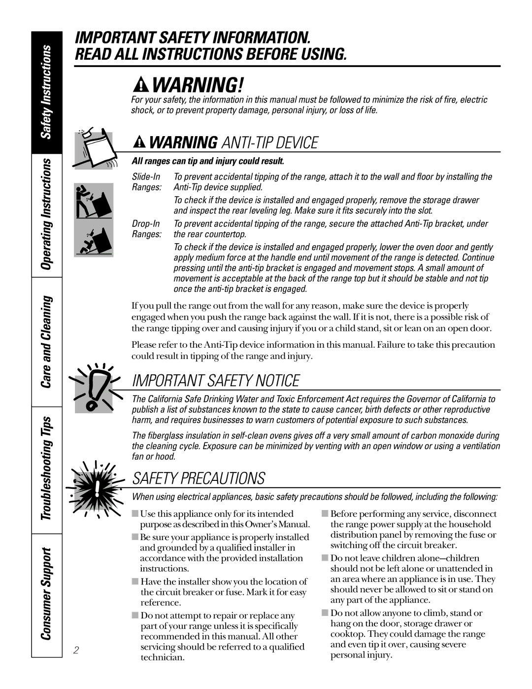 GE JDP46WDWW owner manual Consumer Support, All ranges can tip and injury could result 