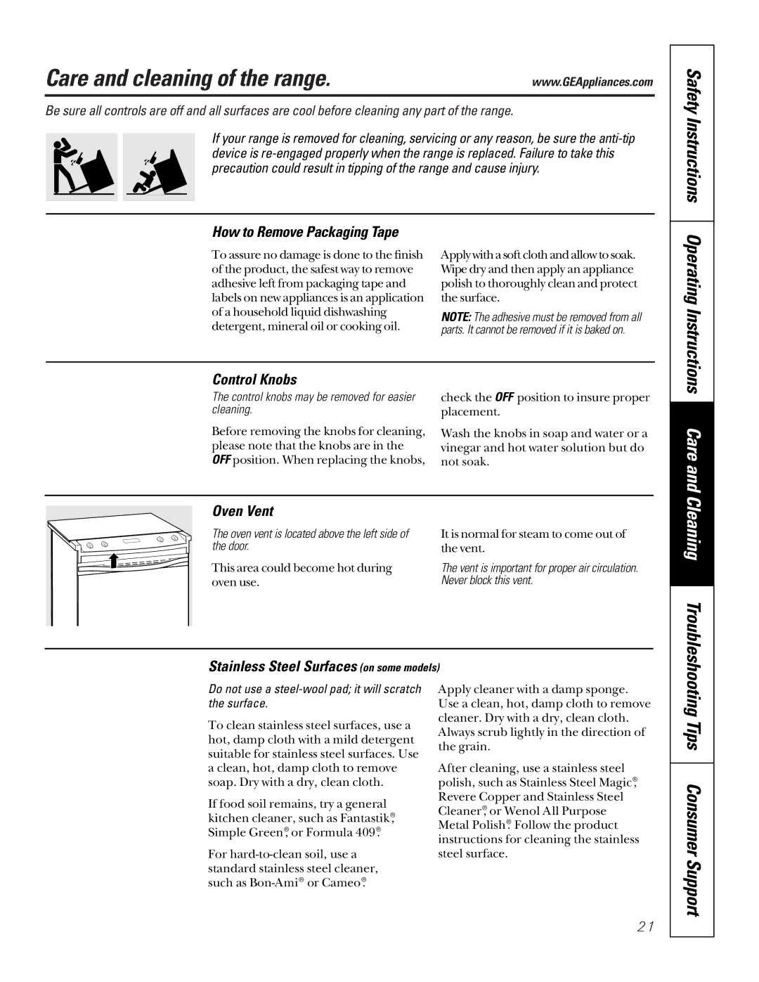 GE JDP46WDWW owner manual Care and cleaning of the range, Safety Instructions, Tips Consumer Support 