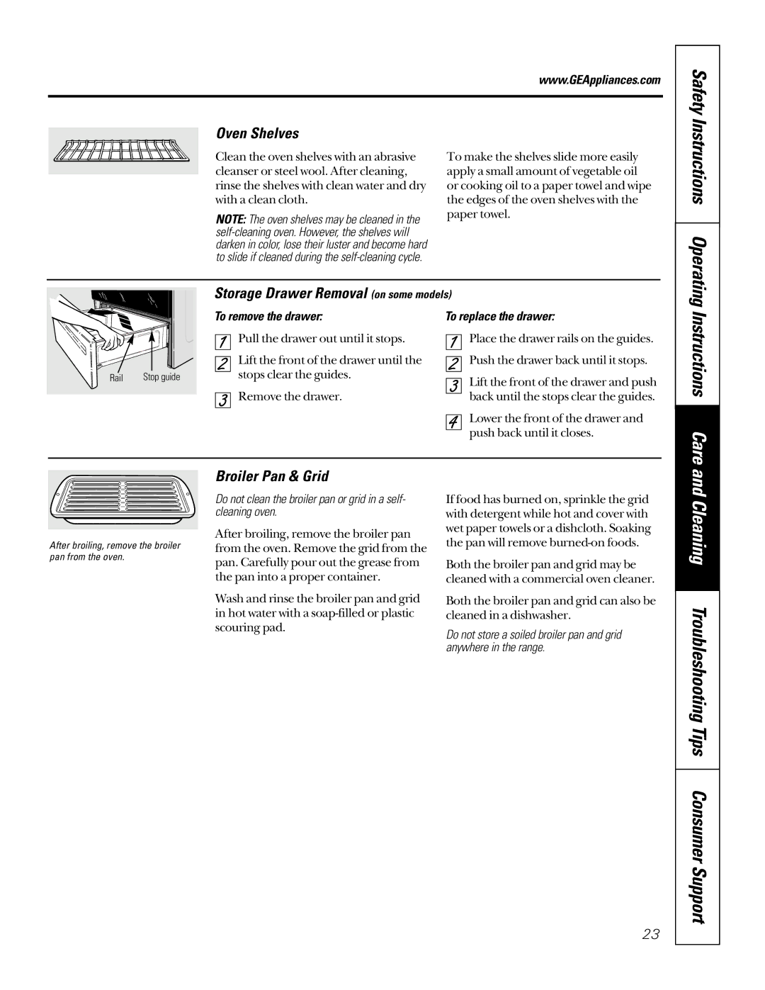 GE JDP46WDWW owner manual Instructions Care, Oven Shelves, Storage Drawer Removal on some models, Broiler Pan & Grid 