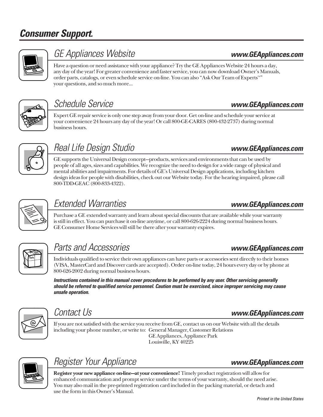 GE JDP46WDWW Consumer Support GE Appliances Website, Schedule Service, Real Life Design Studio, Extended Warranties 