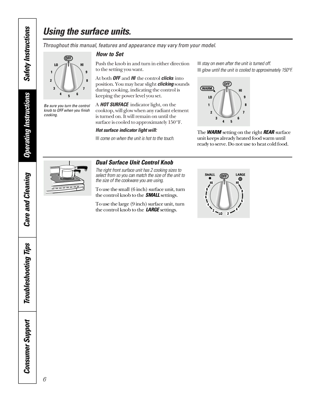 GE JDP46 Using the surface units, Instructions, Consumer Support Troubleshooting Tips Care and Cleaning, How to Set 