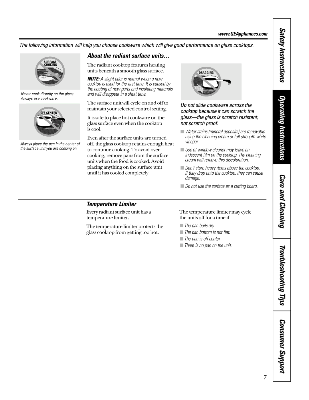 GE JDP46WDWW Safety, Cleaning Troubleshooting Tips Consumer Support, Temperature Limiter, About the radiant surface units… 