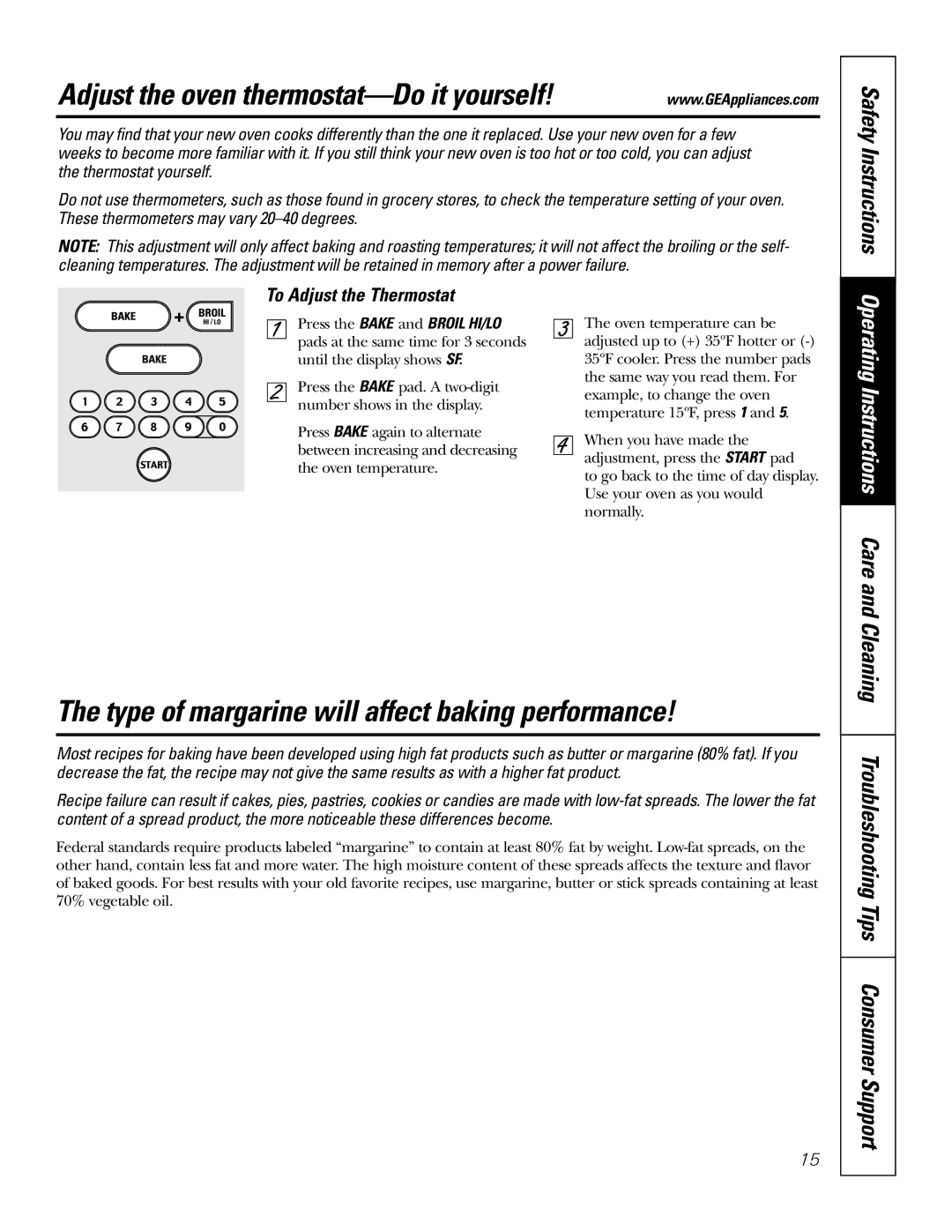 GE JDP47 Adjust the oven thermostat-Do it yourself, Type of margarine will affect baking performance, Safety Instructions 