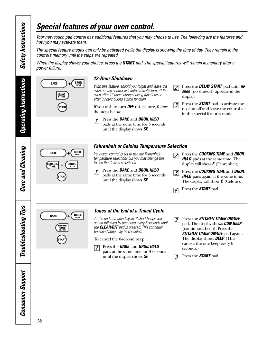 GE JDP47 Special features of your oven control, Care and Cleaning, Consumer Support Troubleshooting Tips, Hour Shutdown 