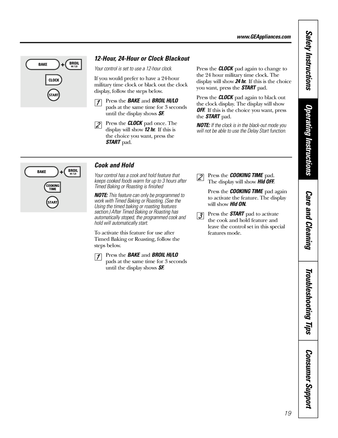 GE JDP47 Care and Cleaning Troubleshooting Tips Consumer Support, Cook and Hold, Hour, 24-Hour or Clock Blackout 