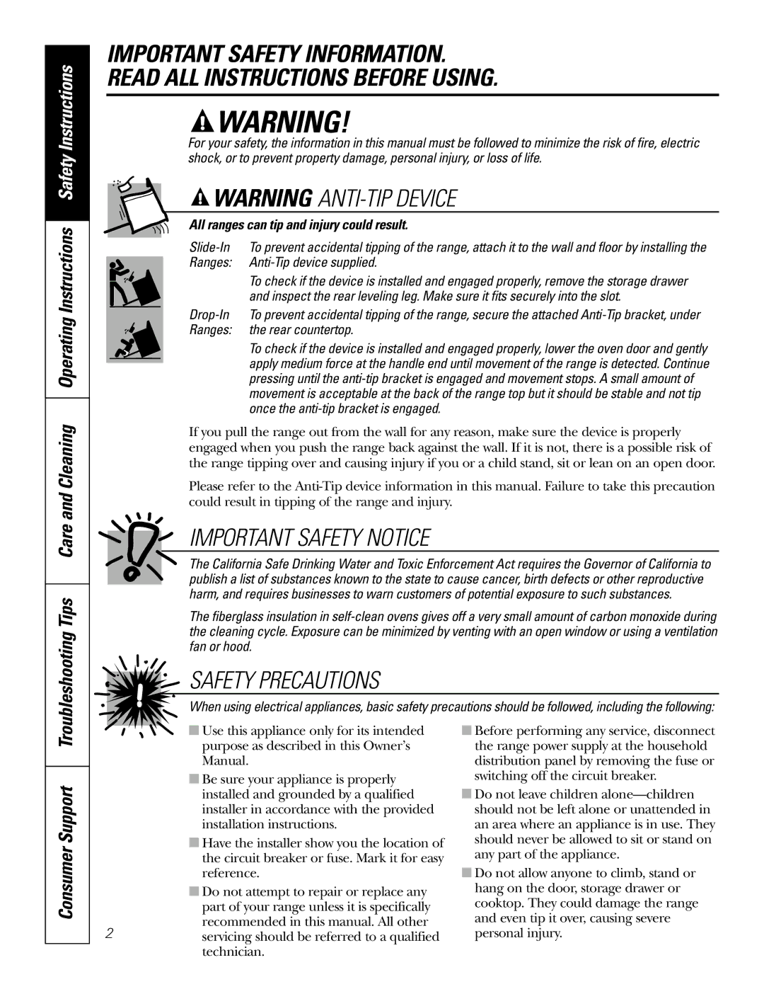 GE JDP47 owner manual Consumer Support, All ranges can tip and injury could result 