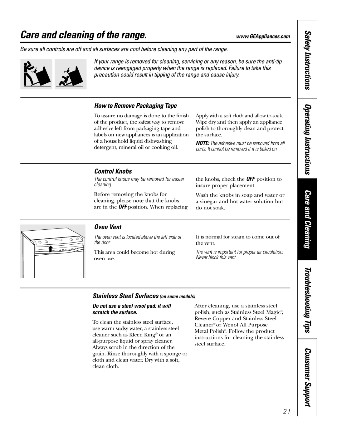 GE JDP47 owner manual Care and cleaning of the range, How to Remove Packaging Tape, Control Knobs, Oven Vent 