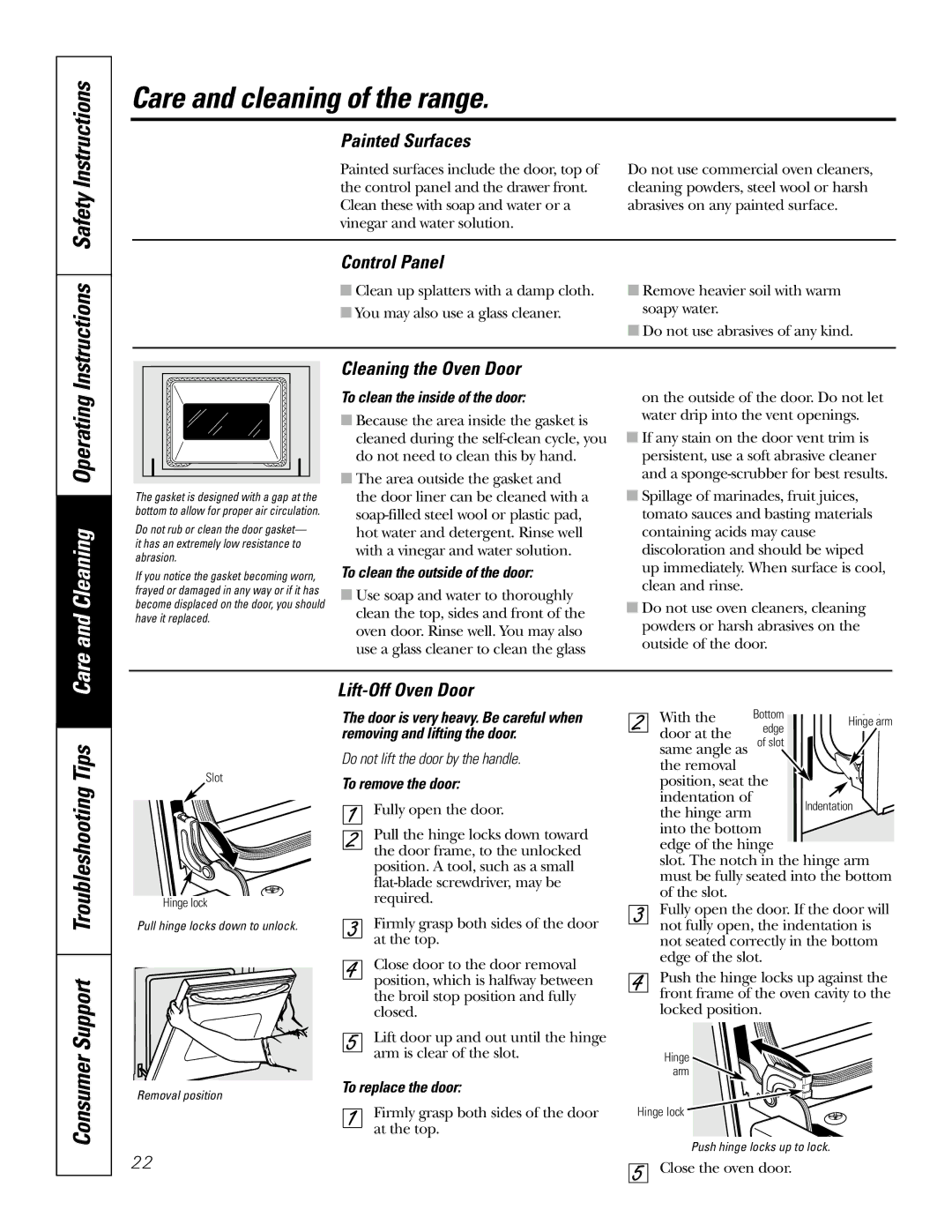 GE JDP47 Instructions Safety Instructions, Painted Surfaces, Control Panel, Cleaning the Oven Door, Lift-Off Oven Door 