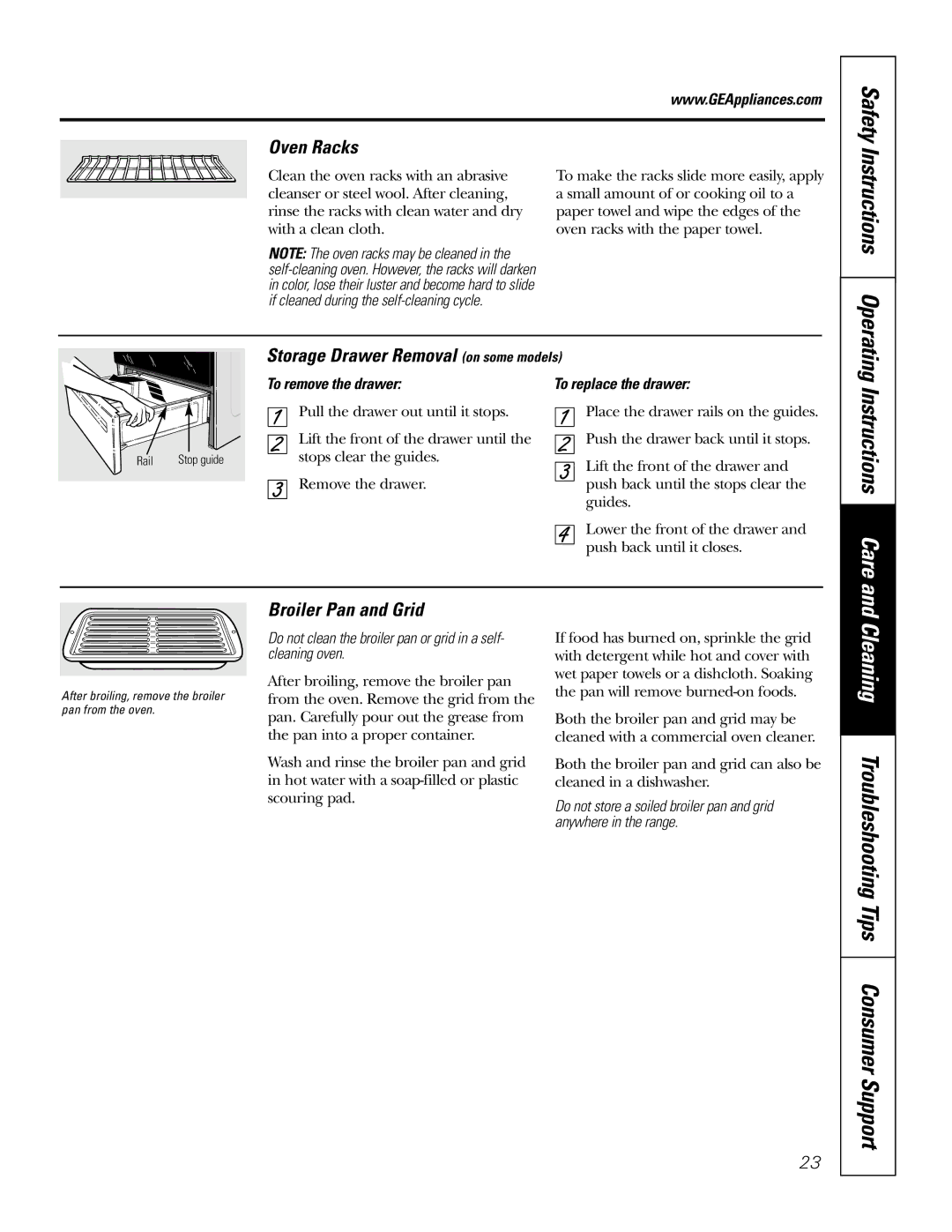 GE JDP47 owner manual Oven Racks, Storage Drawer Removal on some models, Broiler Pan and Grid, To remove the drawer 