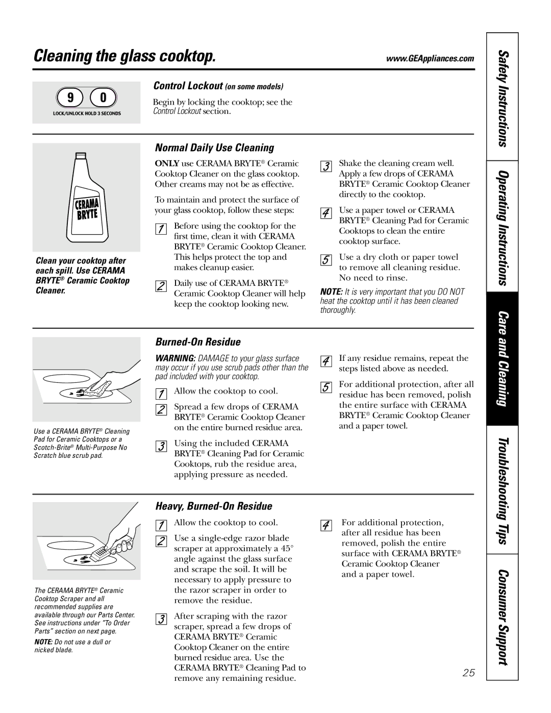 GE JDP47 owner manual Cleaning the glass cooktop, Tips Consumer Support, Operating Instructions Care 