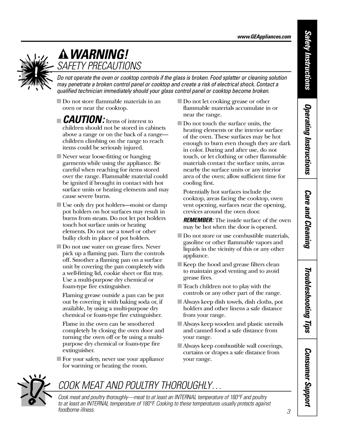 GE JDP47 owner manual Support, Safety Instructions 