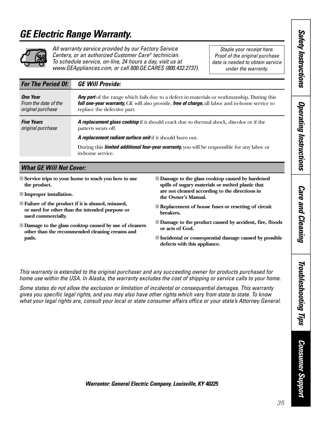 GE JDP47 GE Electric Range Warranty, Safety Instructions Operating Instructions, GE Will Provide, What GE Will Not Cover 