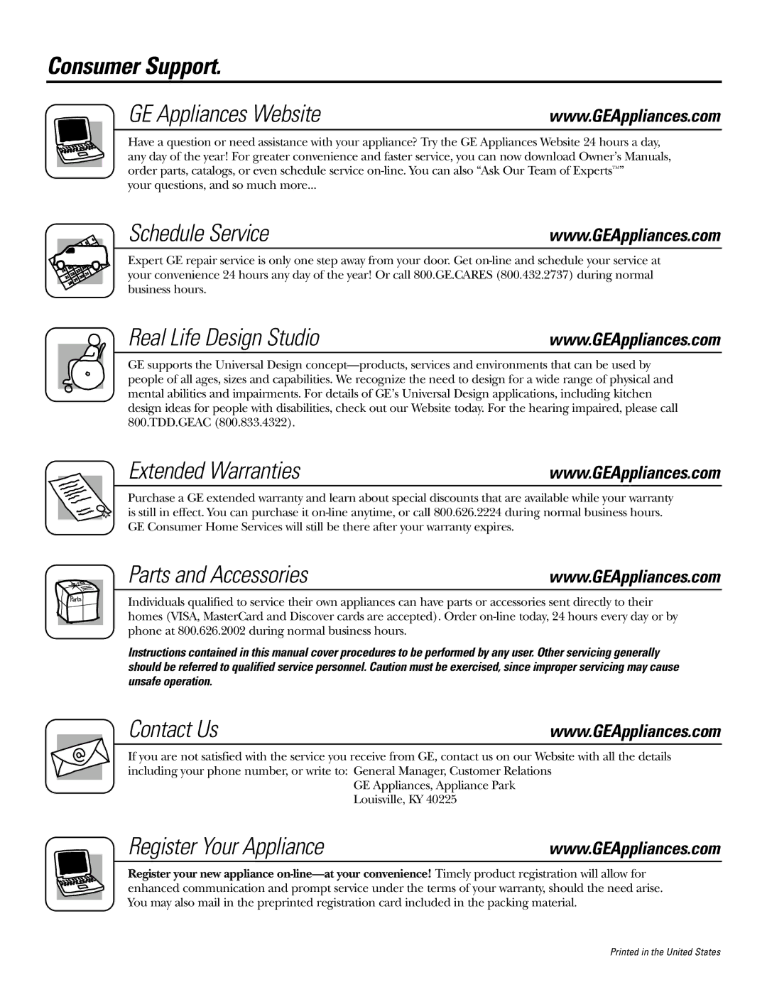 GE JDP47 Consumer Support GE Appliances Website, Schedule Service, Real Life Design Studio, Extended Warranties 