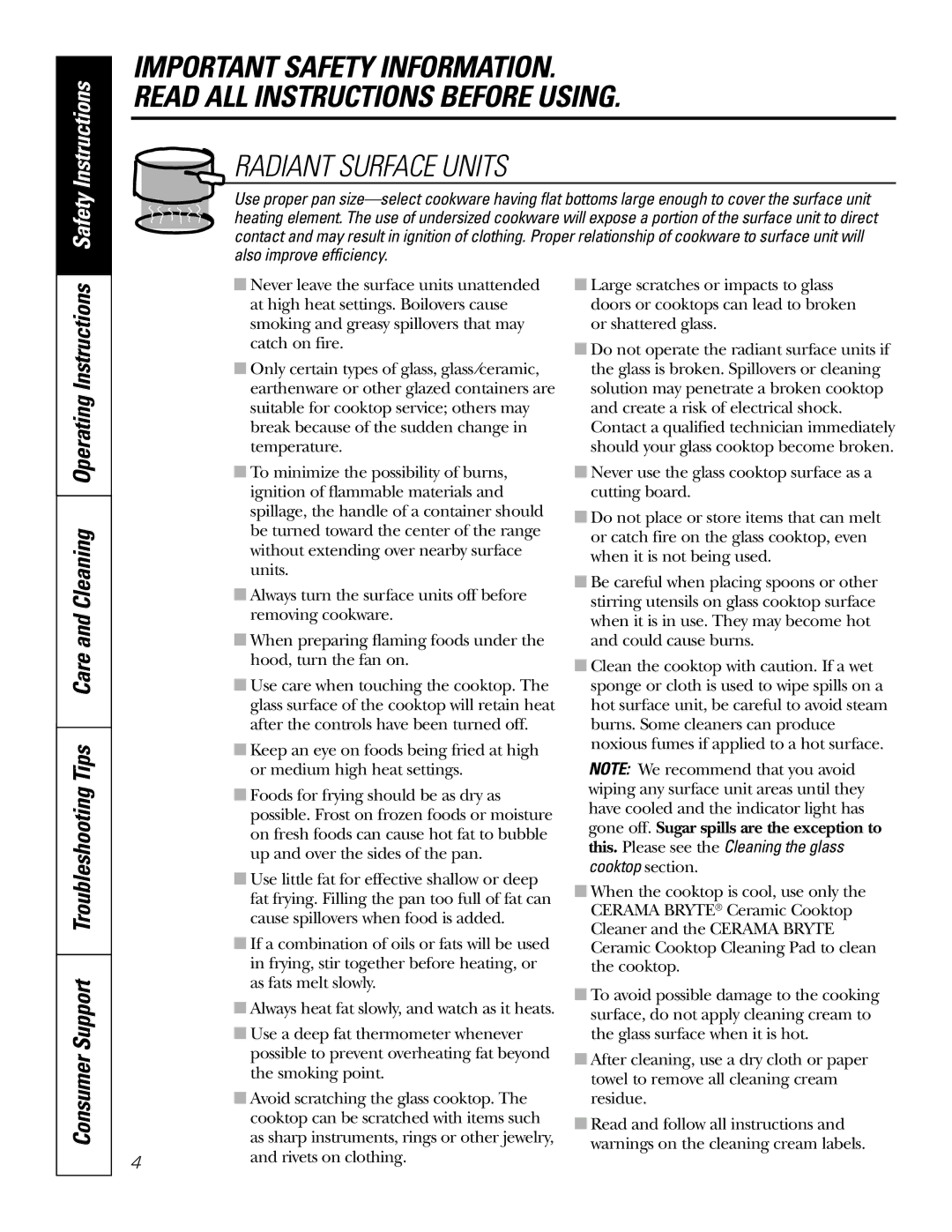 GE JDP47 owner manual Radiant Surface Units 