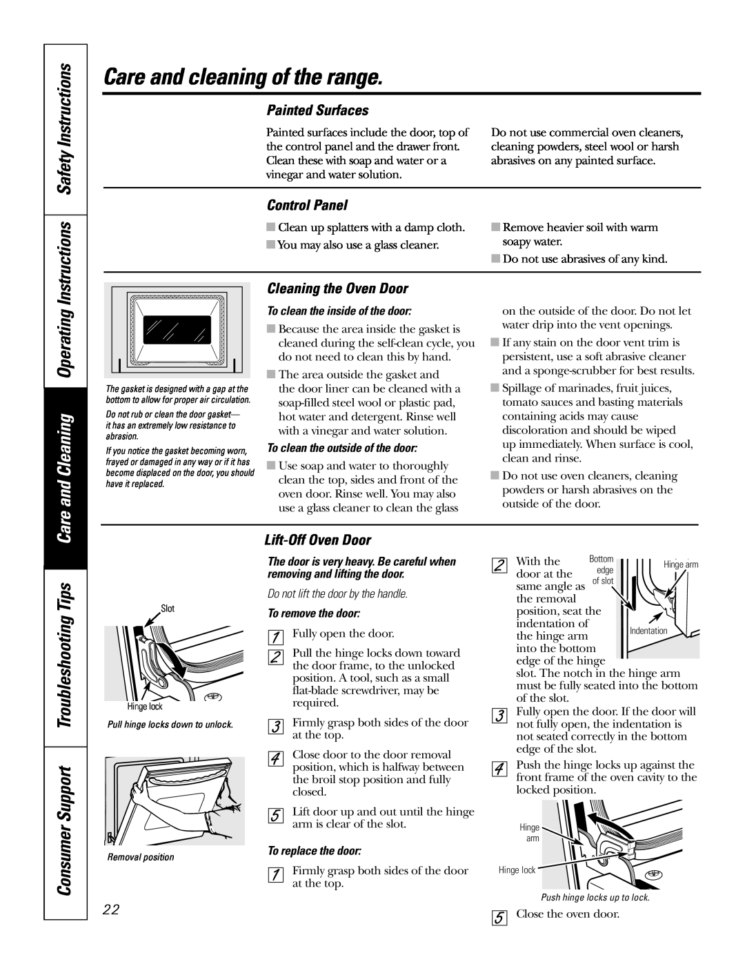 GE JDP47 Instructions Safety Instructions, Painted Surfaces, Control Panel, Cleaning the Oven Door, Lift-Off Oven Door 