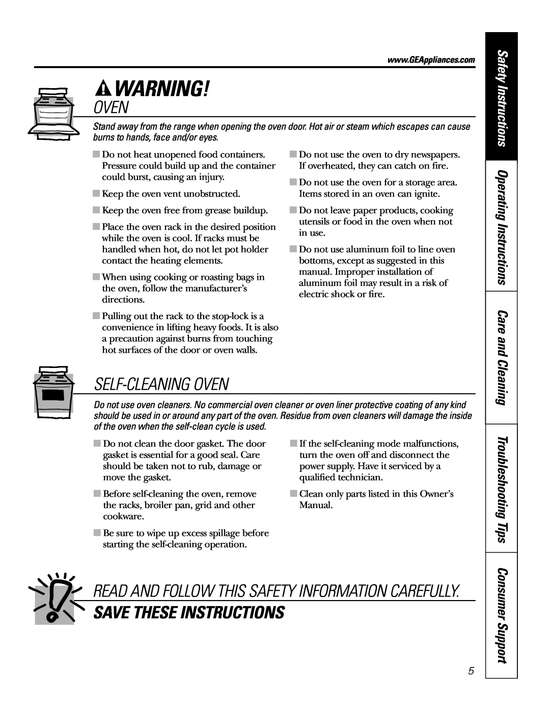 GE JDP47 Self-Cleaning Oven, Save These Instructions, Operating Instructions Care and, Troubleshooting Tips 