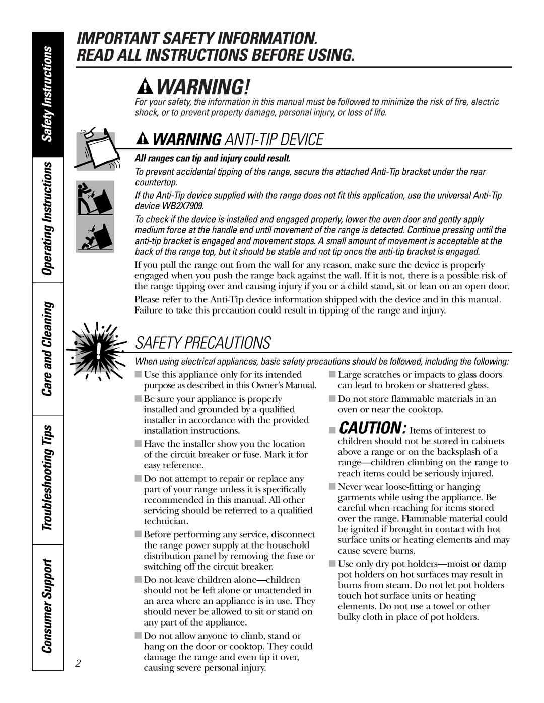 GE JDS28CKCC Care and Cleaning Operating Instructions Safety Instructions, Consumer Support Troubleshooting Tips 