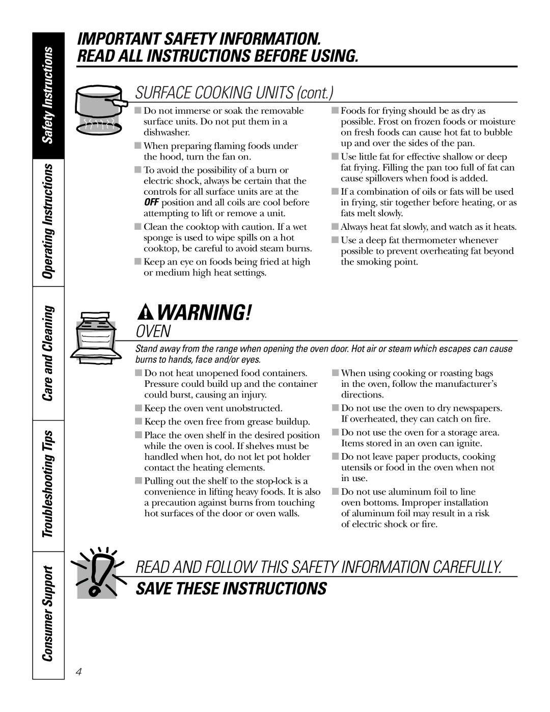 GE JDS28CKCC owner manual Cleaning, Troubleshooting Tips Care, Operating Instructions Safety 