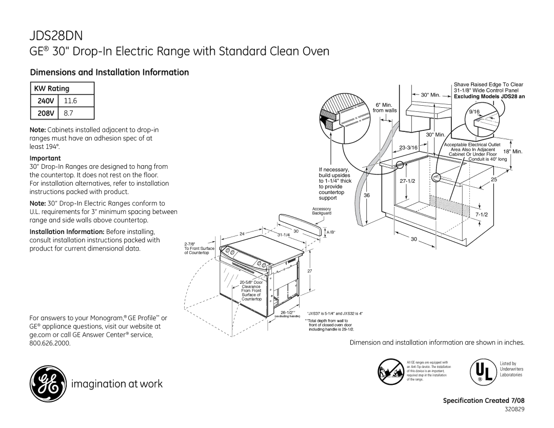 GE JDS28DNWW dimensions GE 30 Drop-In Electric Range with Standard Clean Oven, Dimensions and Installation Information 