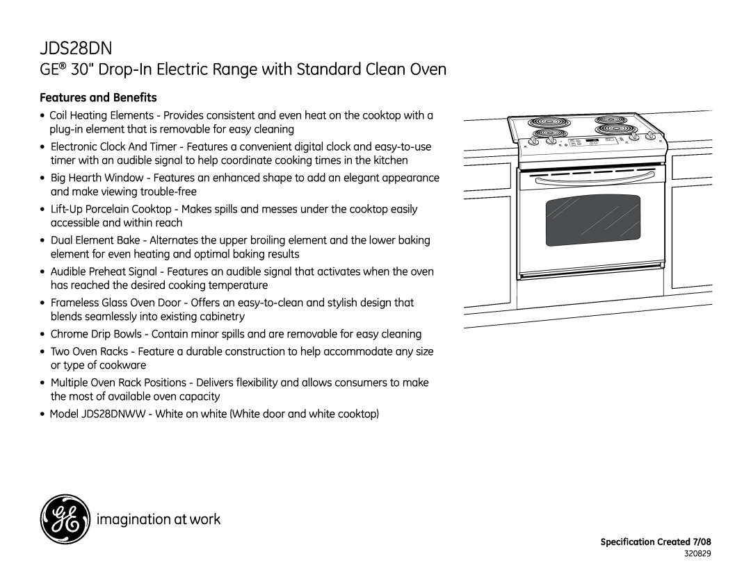 GE JDS28DNWW dimensions Features and Benefits, GE 30 Drop-In Electric Range with Standard Clean Oven 