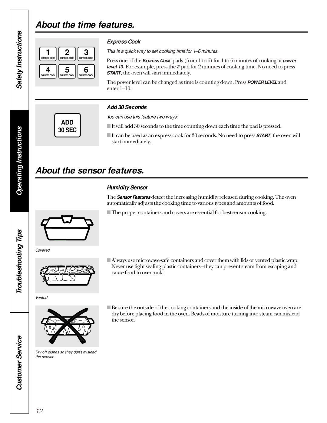 GE JE1050 owner manual About the sensor features, Express Cook, Add 30 Seconds, Humidity Sensor 