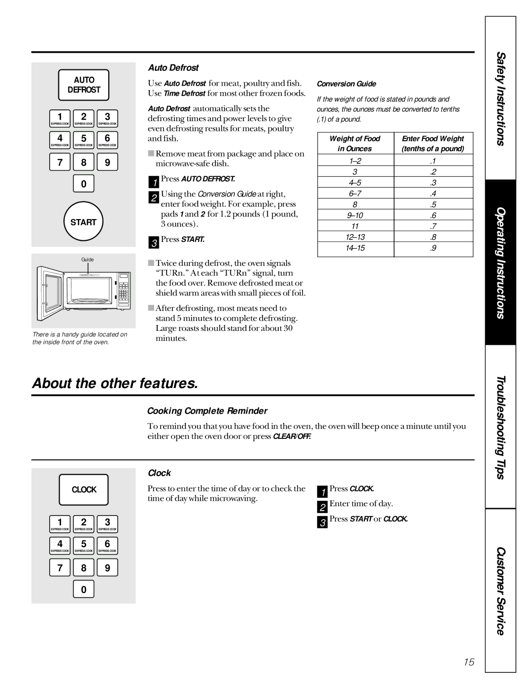 GE JE1050 owner manual About the other features, Auto Defrost, Cooking Complete Reminder, Clock 