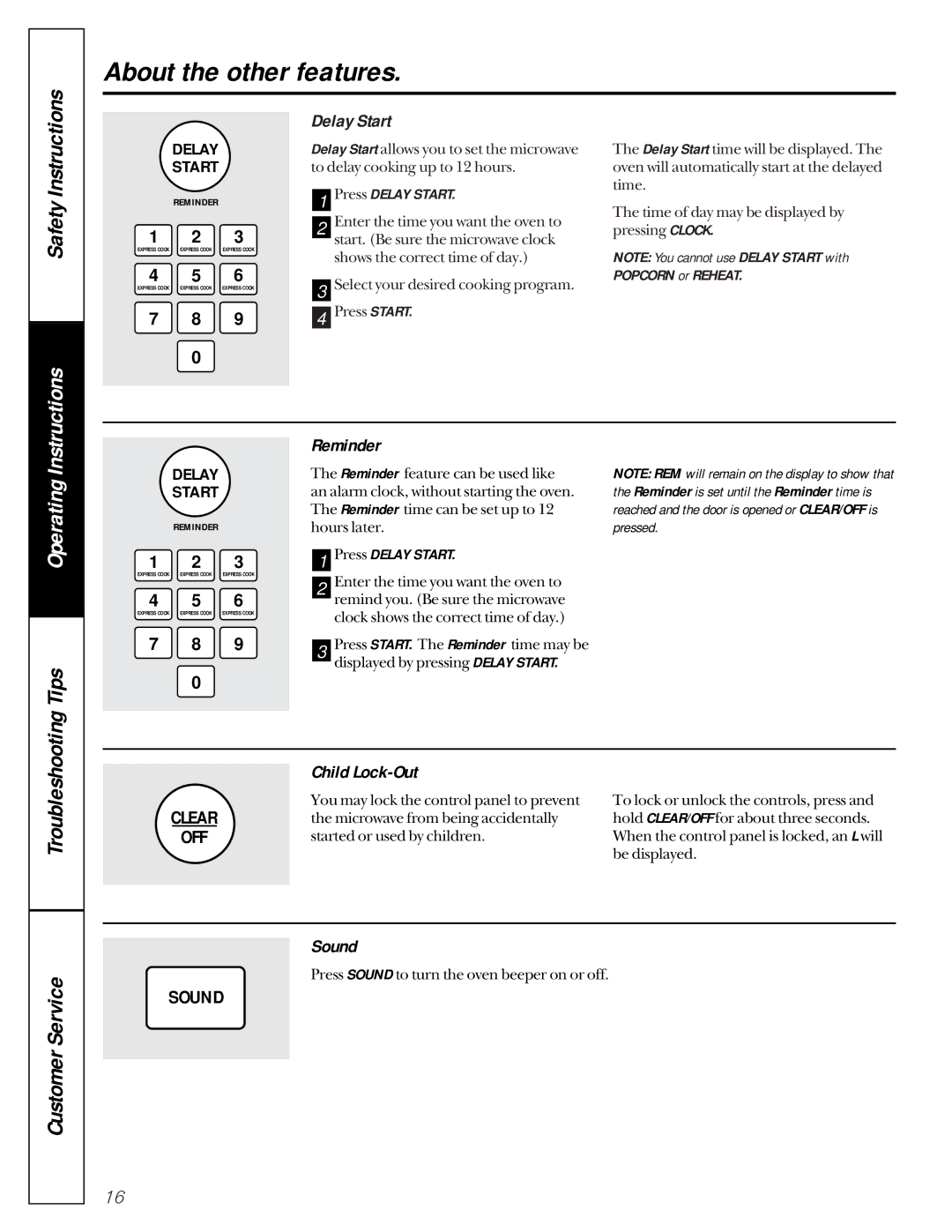 GE JE1050 owner manual Reminder, Child Lock-Out, Sound, Press Delay Start 