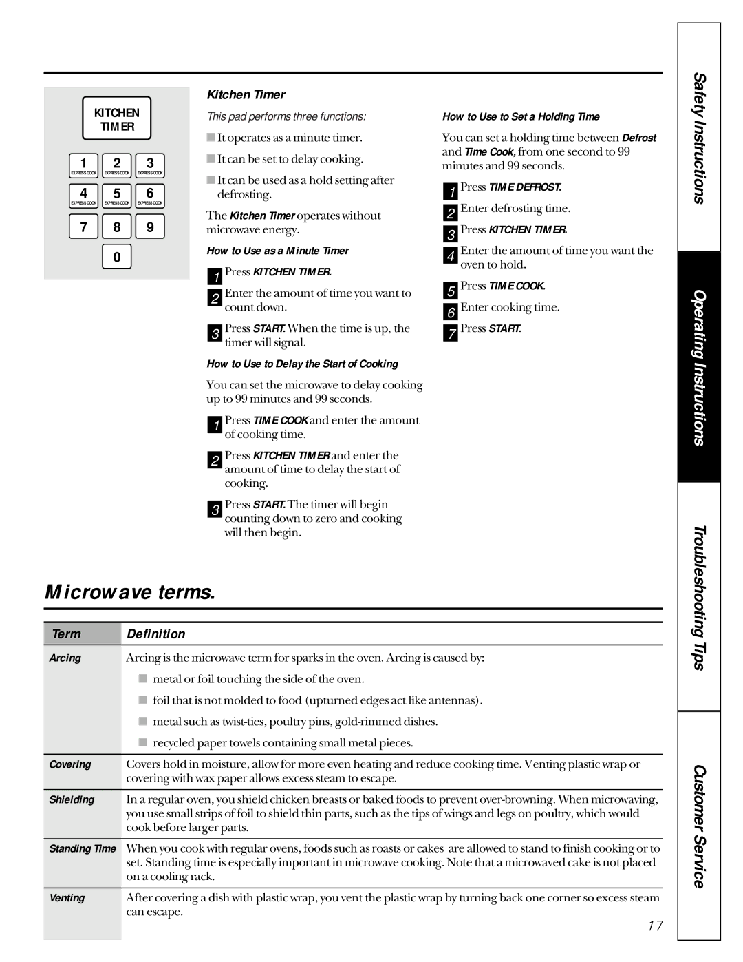 GE JE1050 owner manual Microwave terms, Kitchen Timer, Term Definition 