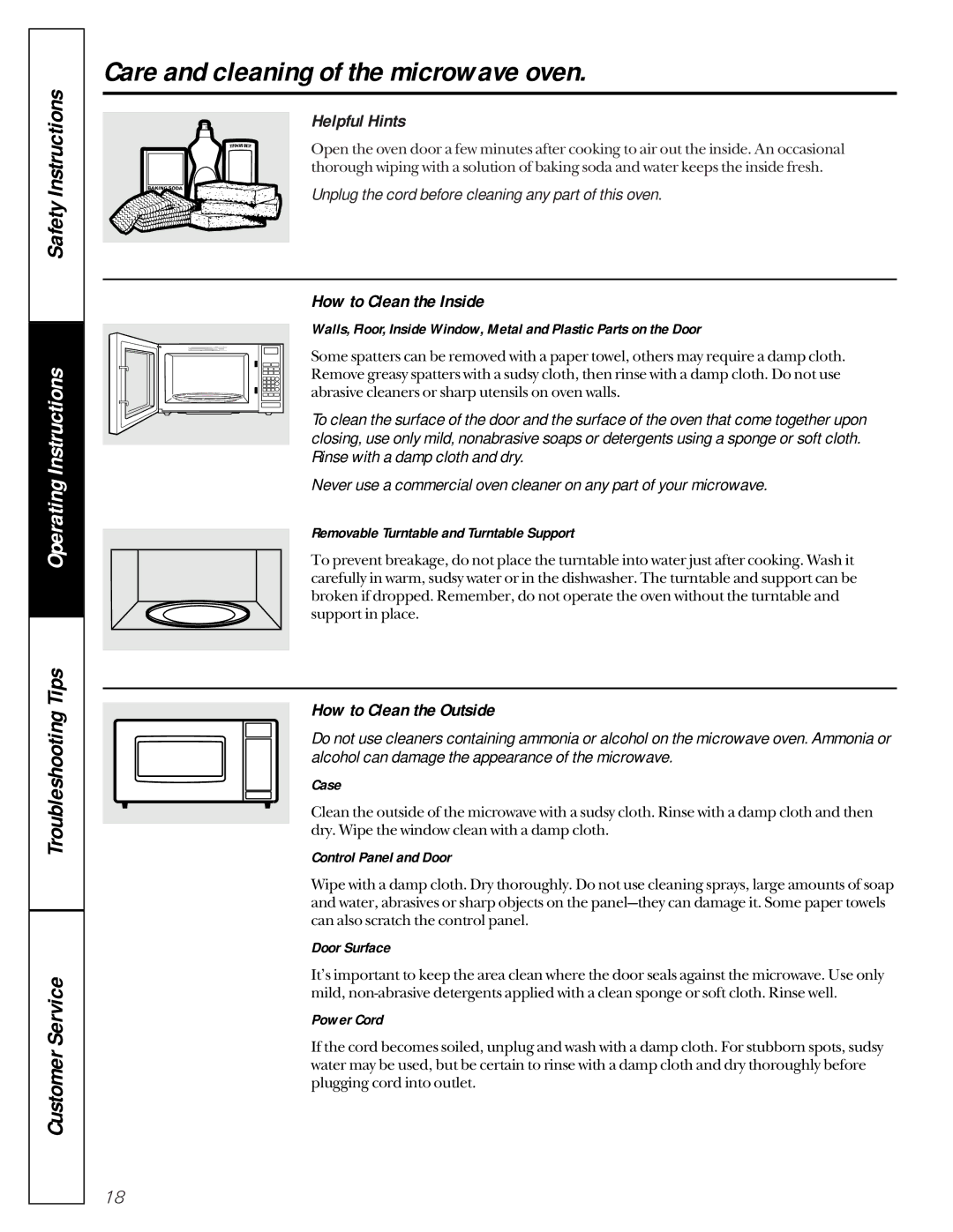 GE JE1050 Care and cleaning of the microwave oven, Helpful Hints, How to Clean the Inside, How to Clean the Outside 