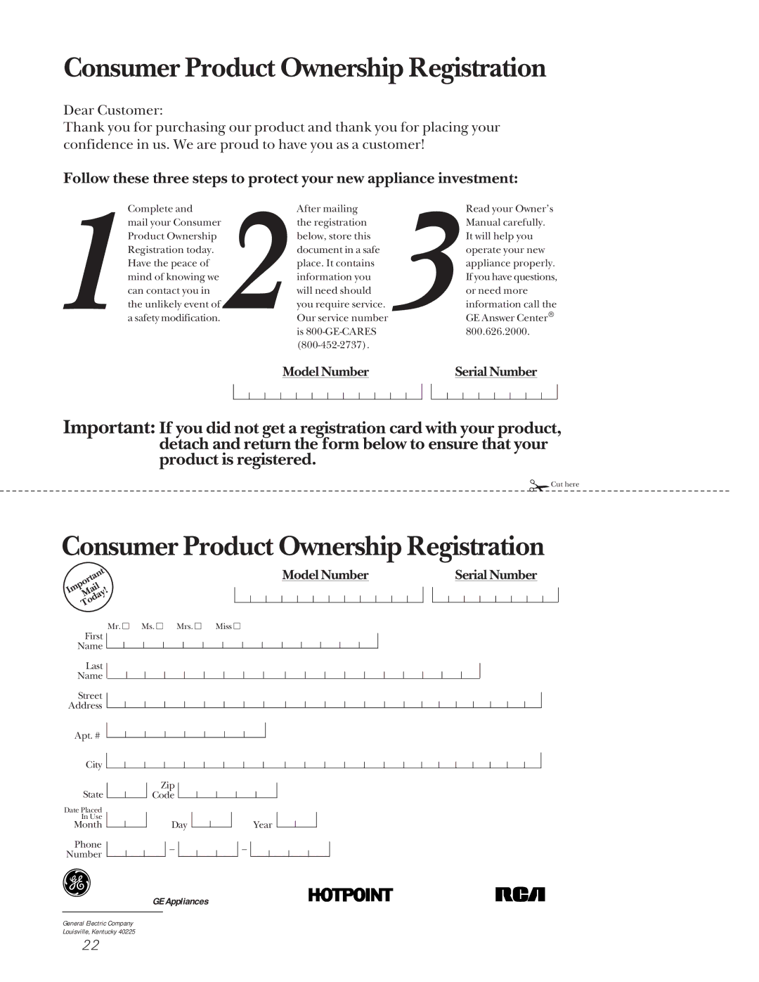 GE JE1050 owner manual Consumer Product Ownership Registration 