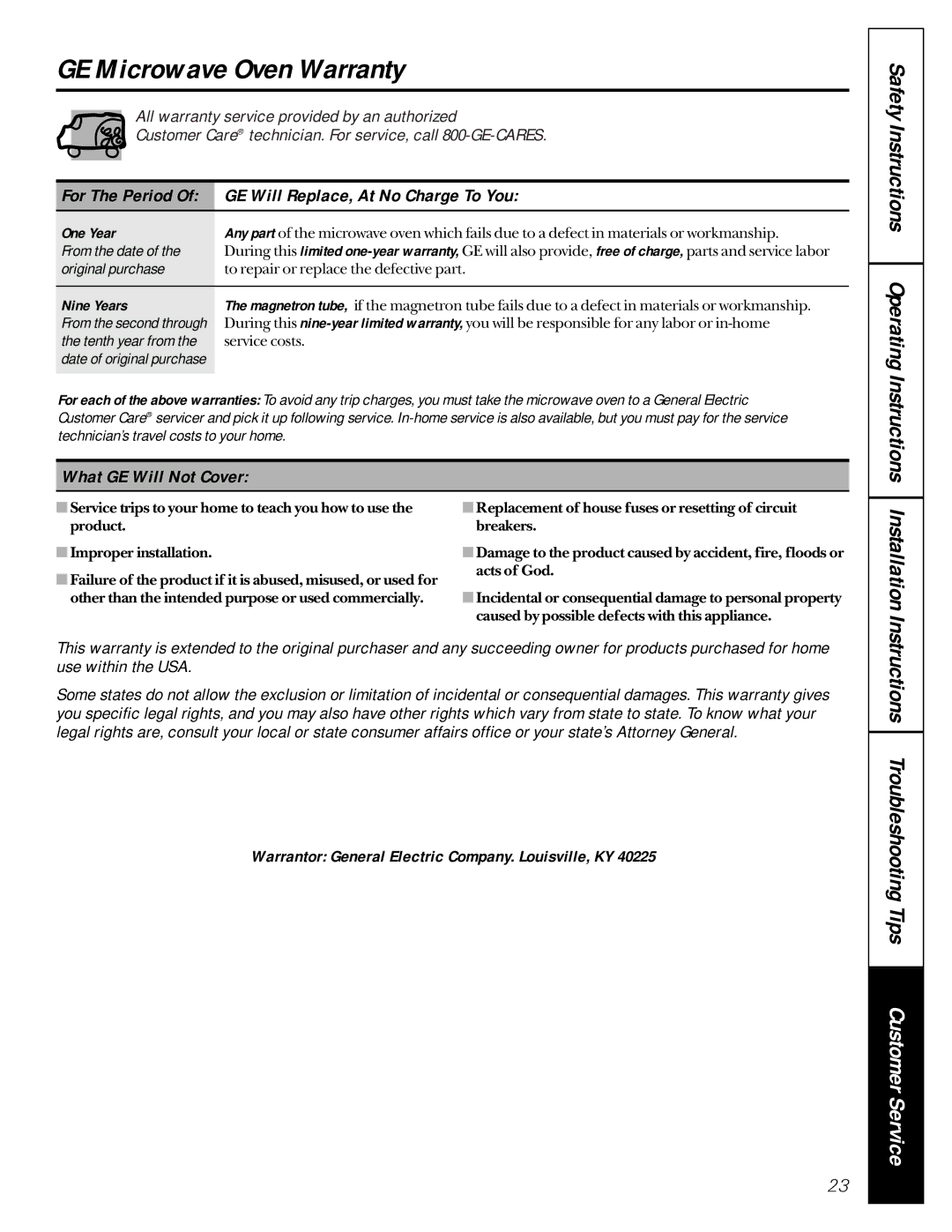 GE JE1050 GE Microwave Oven Warranty, Installation, GE Will Replace, At No Charge To You, What GE Will Not Cover 