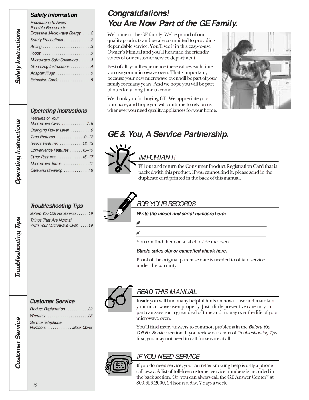 GE JE1050 owner manual Congratulations You Are Now Part of the GE Family, GE & You, a Service Partnership 