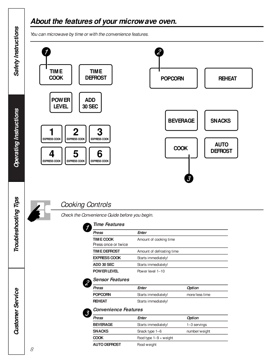 GE JE1050 owner manual Cooking Controls, Time Features, Sensor Features, Convenience Features 