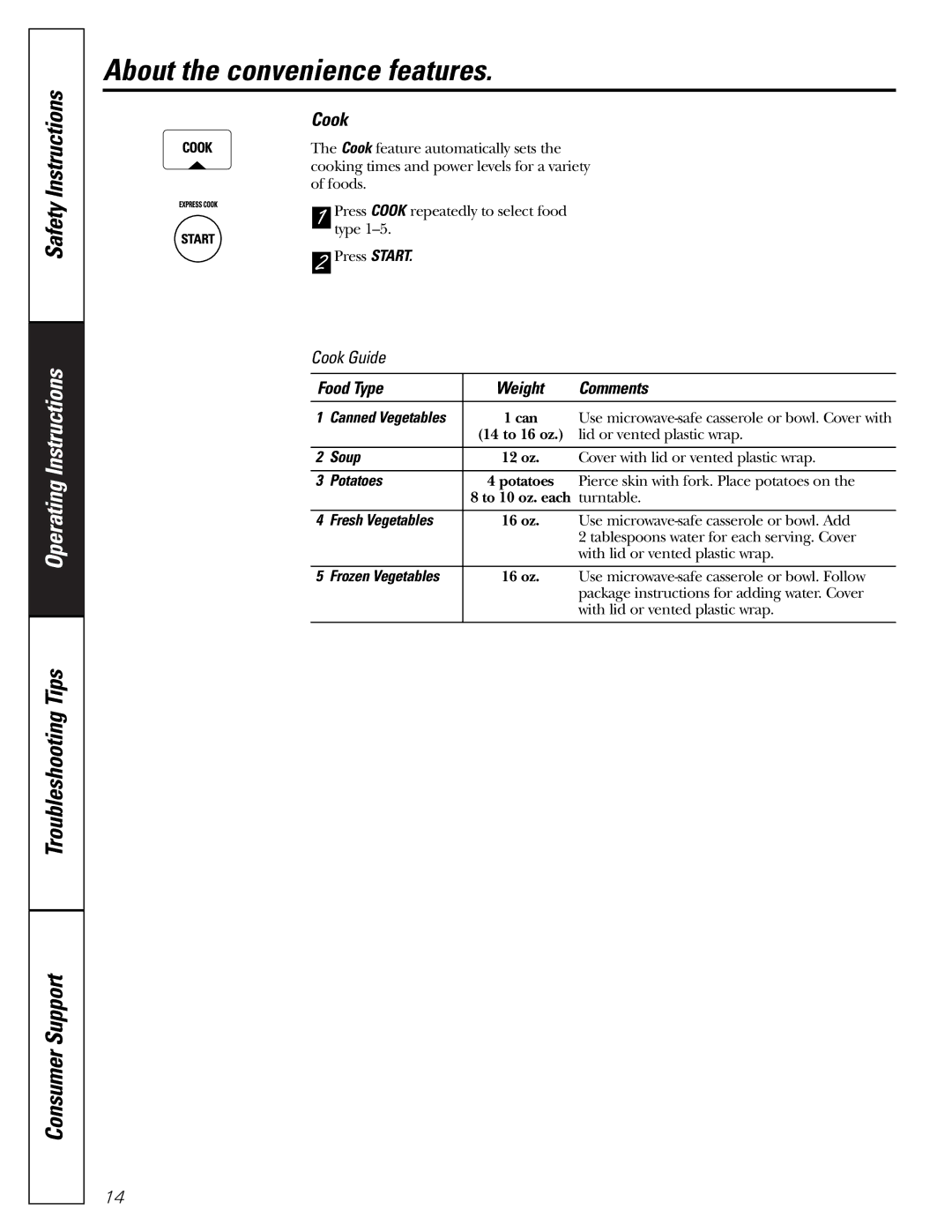 GE JE1140 owner manual Cook, Food Type Weight Comments, Soup, Fresh Vegetables, Frozen Vegetables 