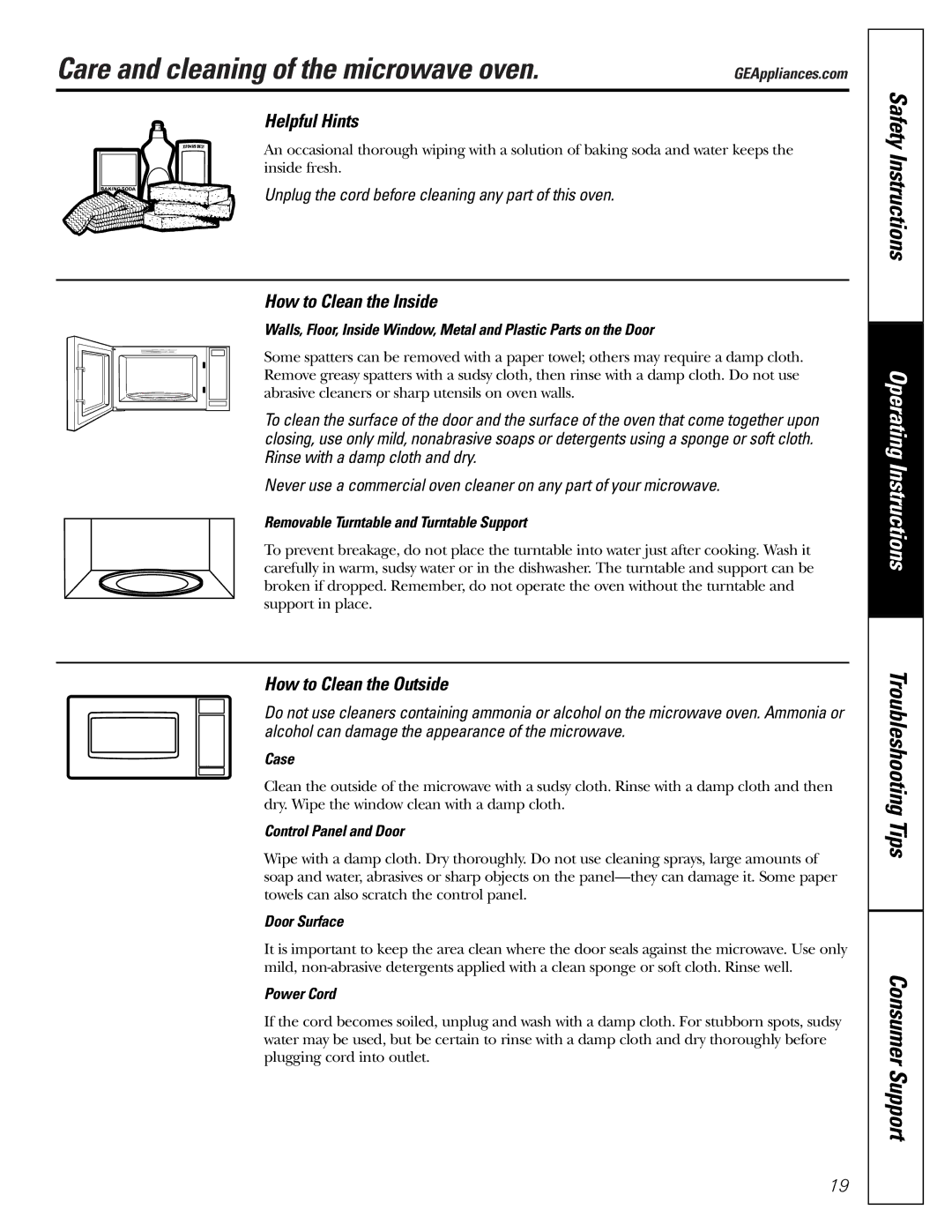 GE JE1140 Care and cleaning of the microwave oven, Helpful Hints, How to Clean the Inside, How to Clean the Outside 