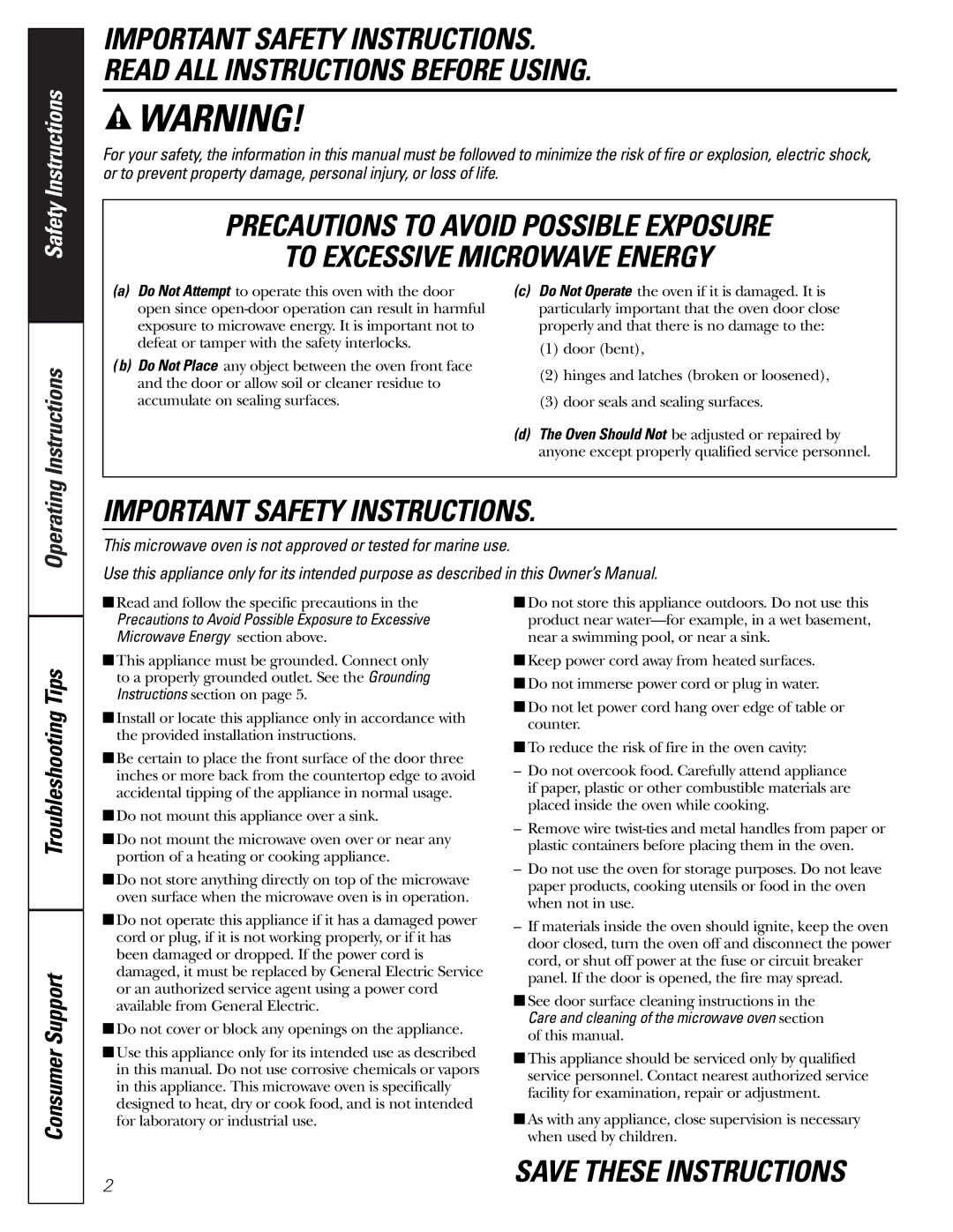 GE JE1140 owner manual Important Safety Instructions 