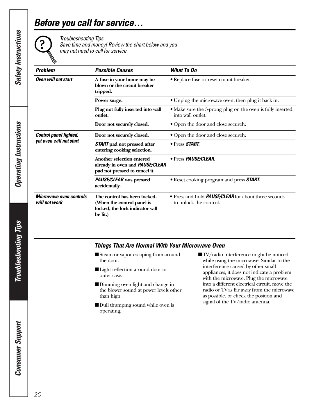 GE JE1140 owner manual Before you call for service…, Things That Are Normal With Your Microwave Oven 