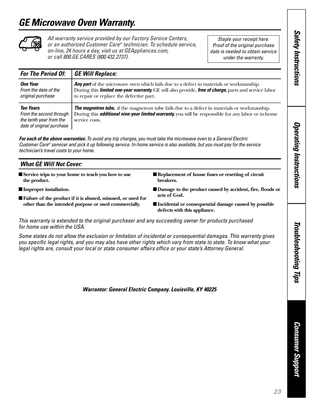 GE JE1140 owner manual GE Microwave Oven Warranty, GE Will Replace, What GE Will Not Cover 