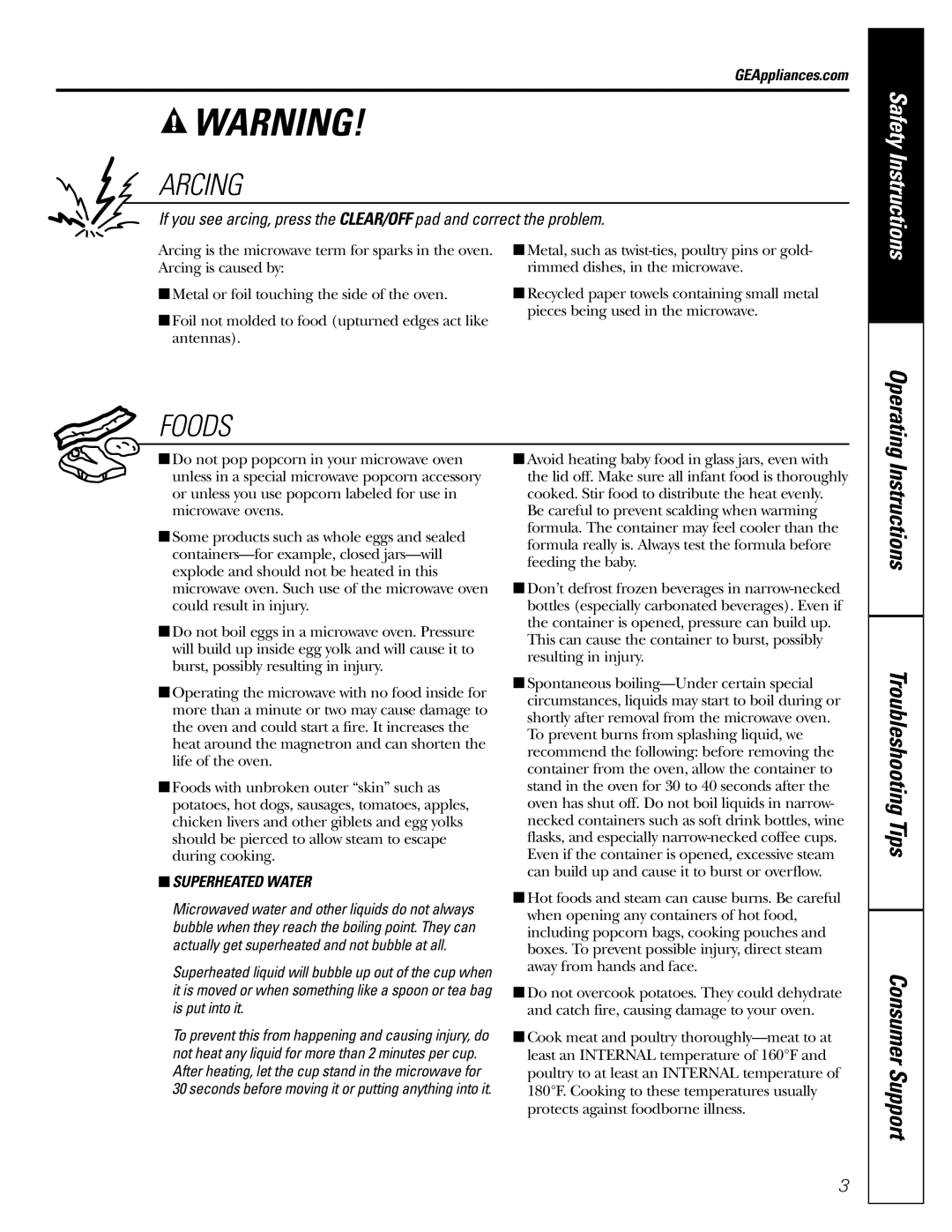 GE JE1140 owner manual Arcing, Foods, Operating, GEAppliances.com 