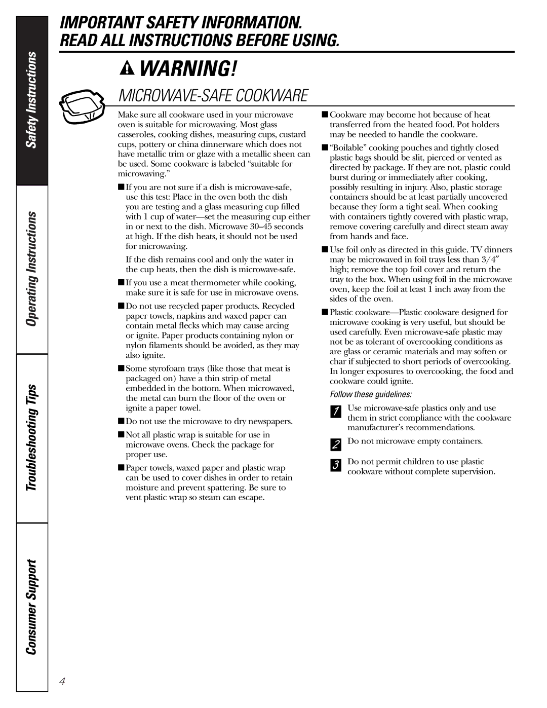 GE JE1140 owner manual MICROWAVE-SAFE Cookware, Follow these guidelines 