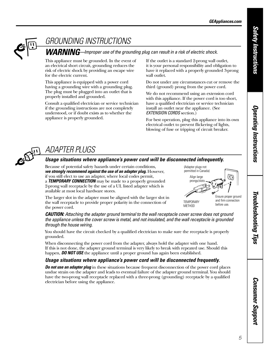 GE JE1140 owner manual Grounding Instructions, Adapter Plugs 