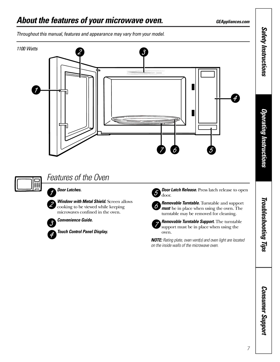 GE JE1140 About the features of your microwave oven, Door Latches, Convenience Guide Touch Control Panel Display 