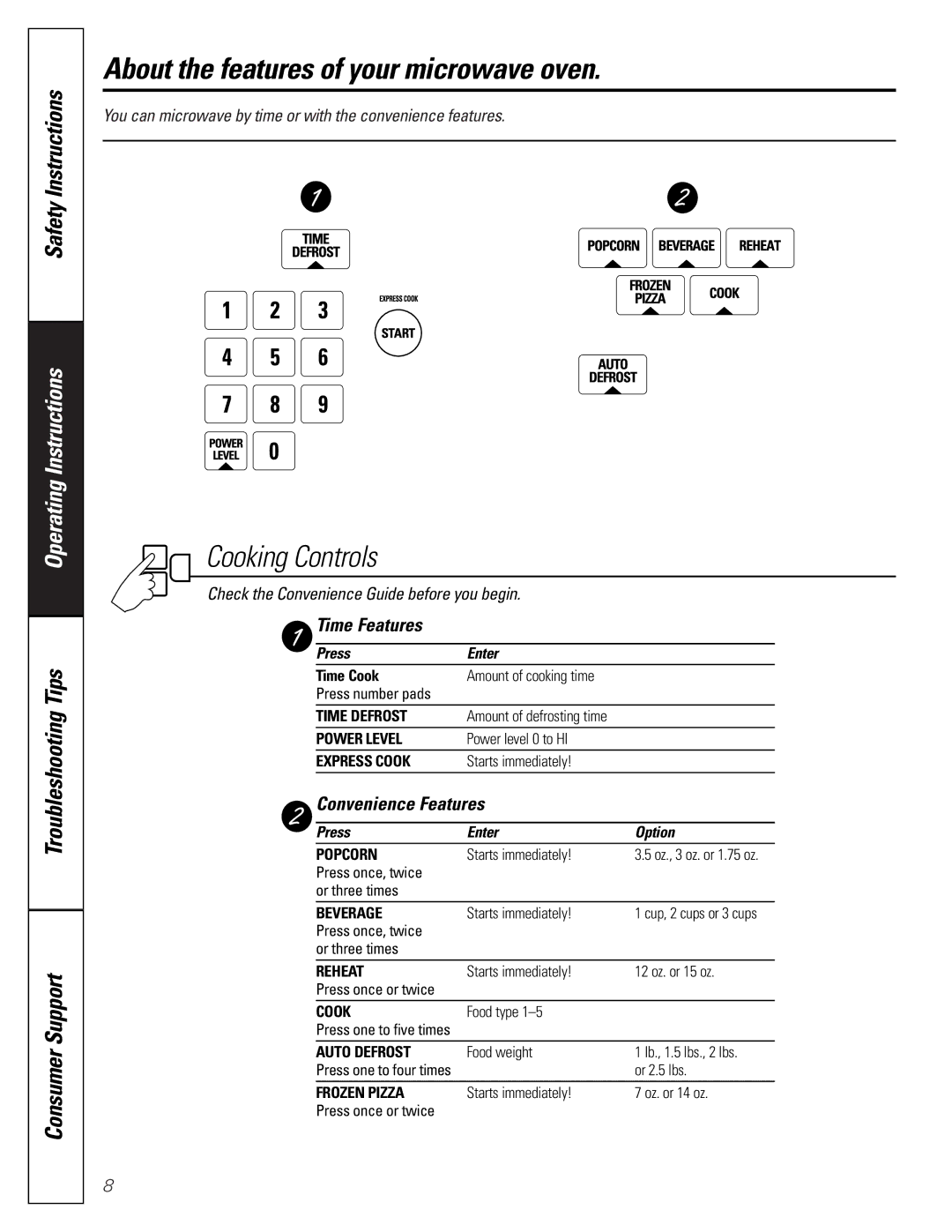 GE JE1140 owner manual Time Features, Convenience Features 