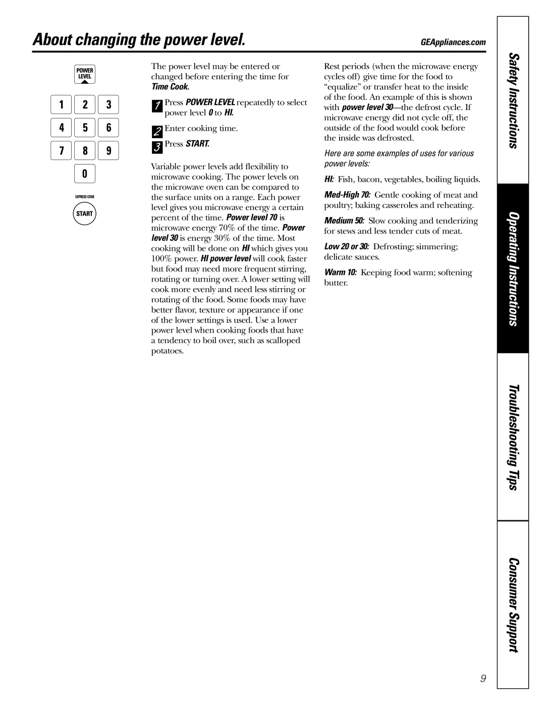 GE JE1140 owner manual About changing the power level, Here are some examples of uses for various power levels 