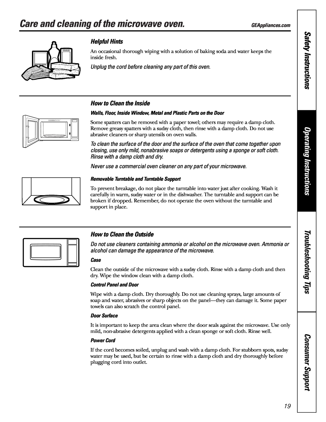 GE JE1140 Care and cleaning of the microwave oven, Safety Instructions, Operating Instructions, Case, Door Surface 
