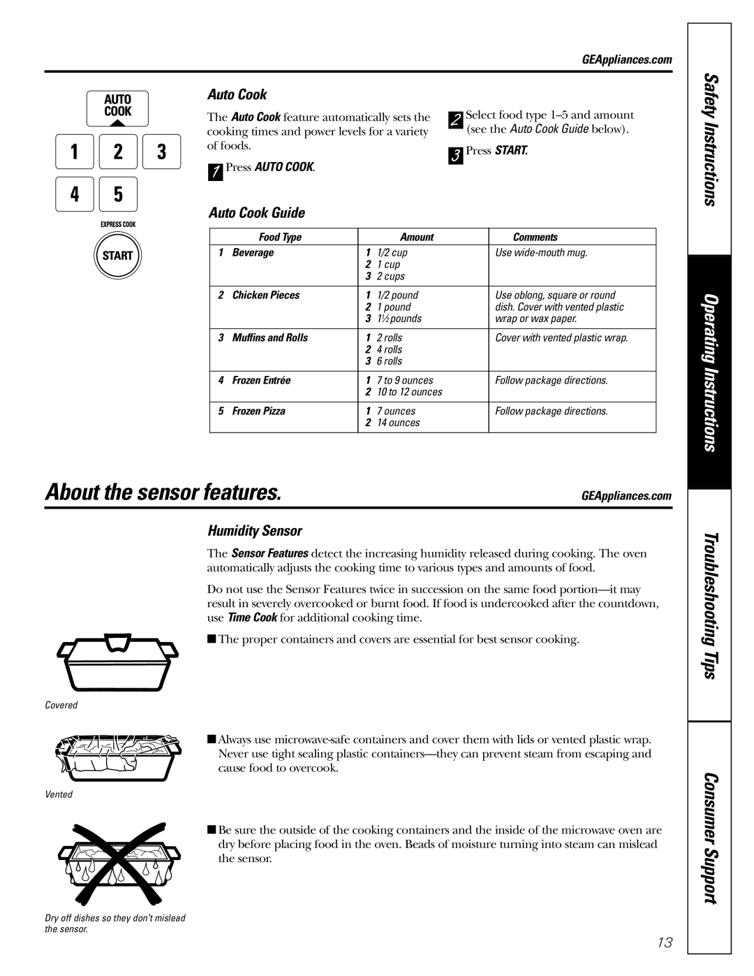 GE JE1160 owner manual About the sensor features, Auto Cook Guide, Humidity Sensor, Press Auto Cook 