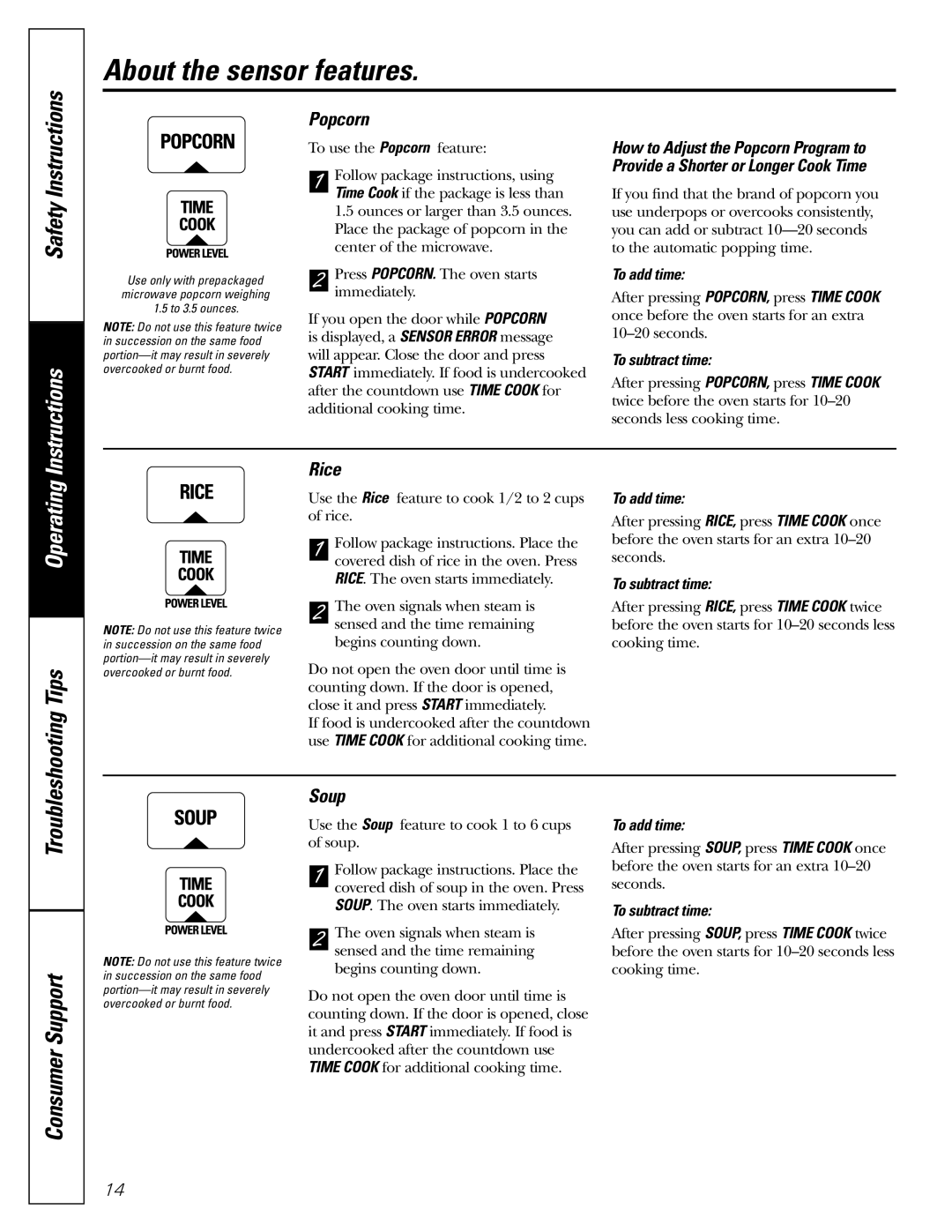 GE JE1160 owner manual Popcorn, Rice, Soup, To add time, To subtract time 