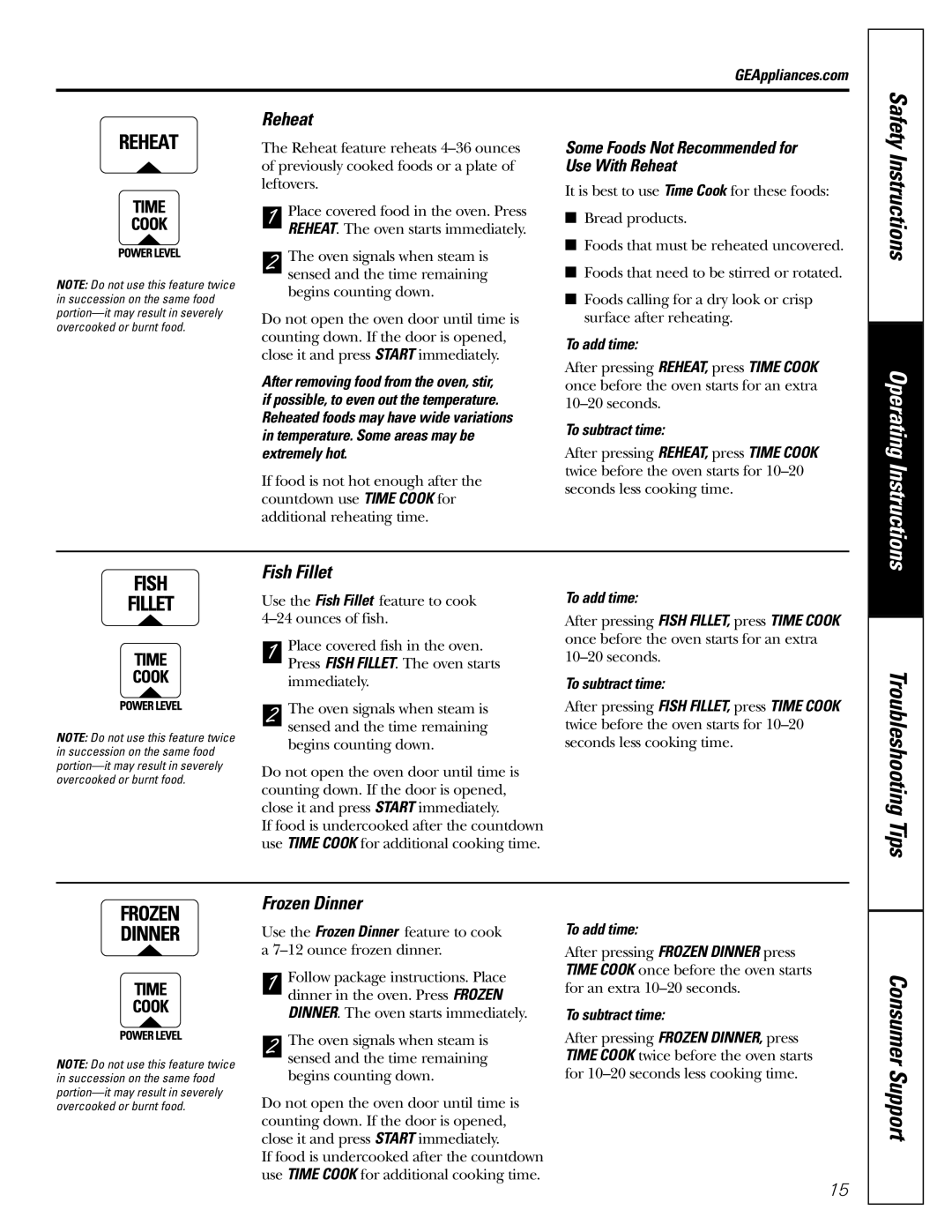 GE JE1160 owner manual Fish Fillet, Frozen Dinner, Some Foods Not Recommended for Use With Reheat 