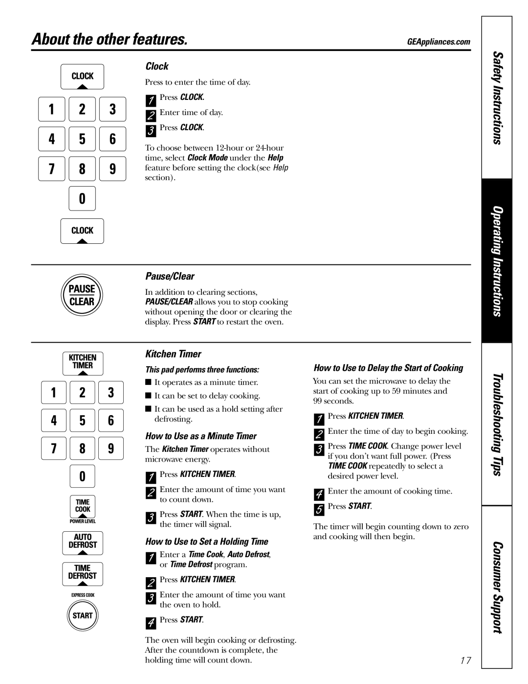 GE JE1160 owner manual About the other features, Clock, Pause/Clear, Kitchen Timer 