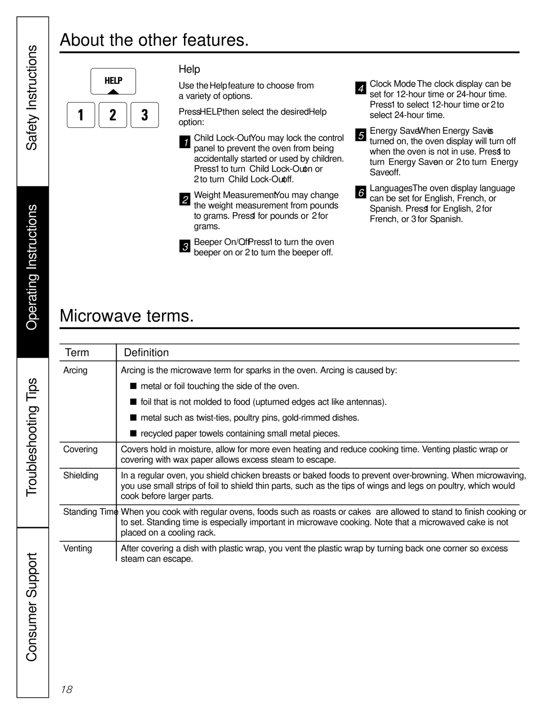 GE JE1160 owner manual Microwave terms, Help, Term Definition 